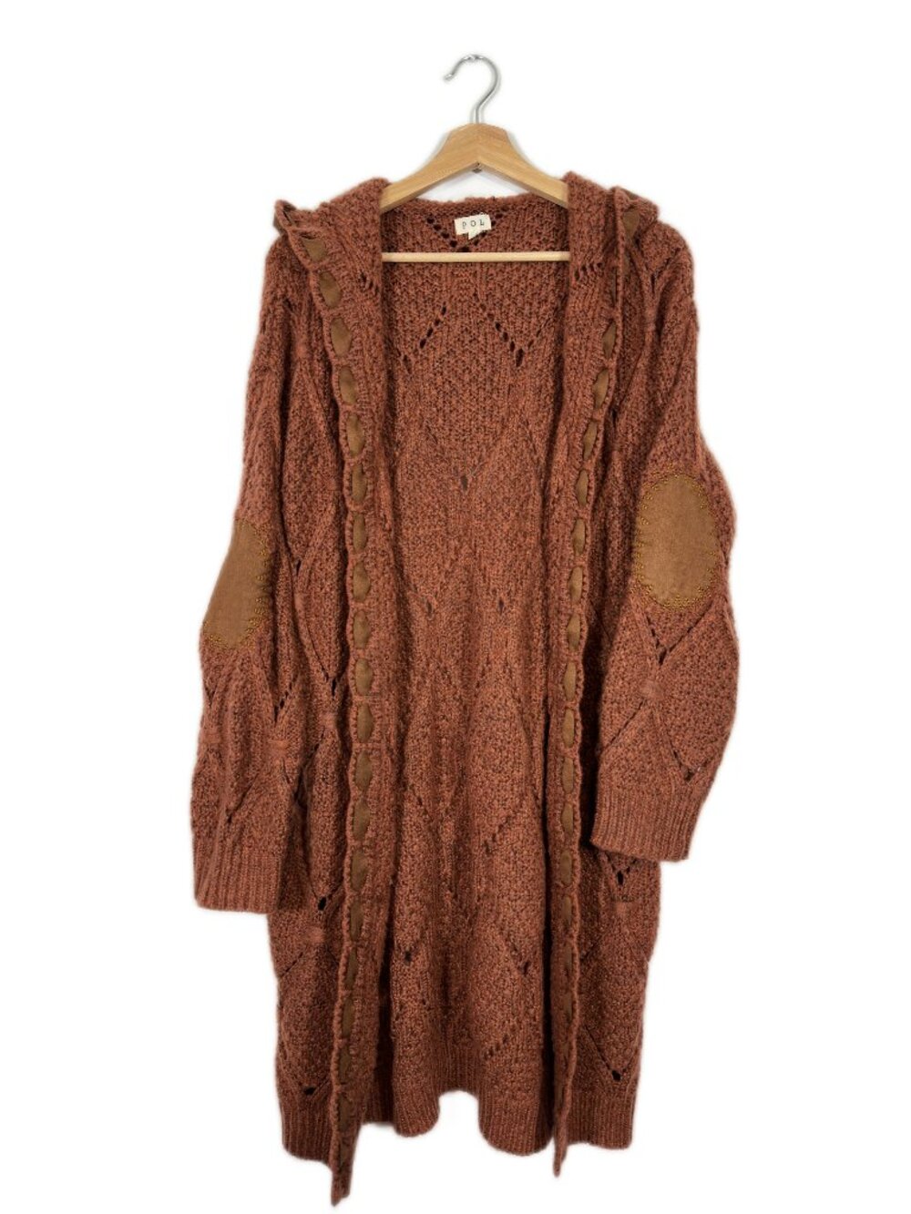 POL Women's Hooded Longline Cardigan Elbow Patches Small Rust Boho Steampunk